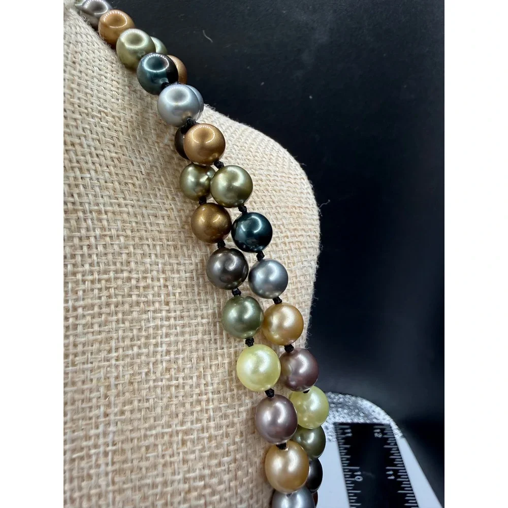 Long Multi Color Faux‎ Pearl Hand Knotted Necklace Bronze Green Silver 48 Inch
